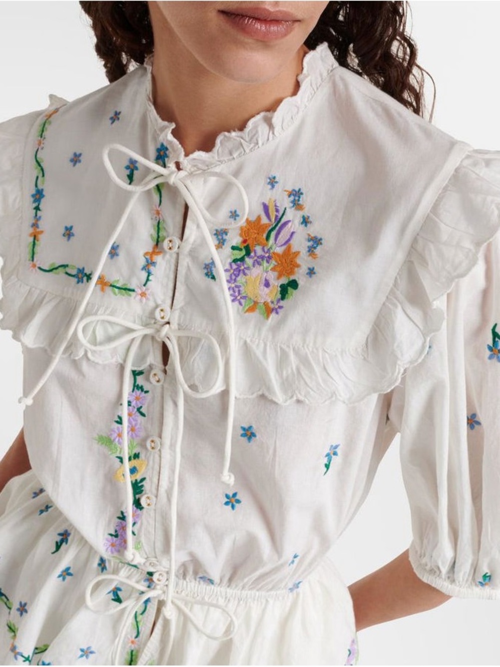 Alemais “Willa” ivory floral embroidered tie-front blouse